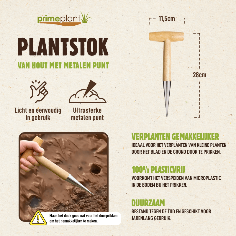 Houten plantstok met metalen punt voor gemakkelijk verplanten – stevig en plasticvrij